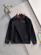 Black long-sleeve sweatshirt with burgundy collar and F logo front