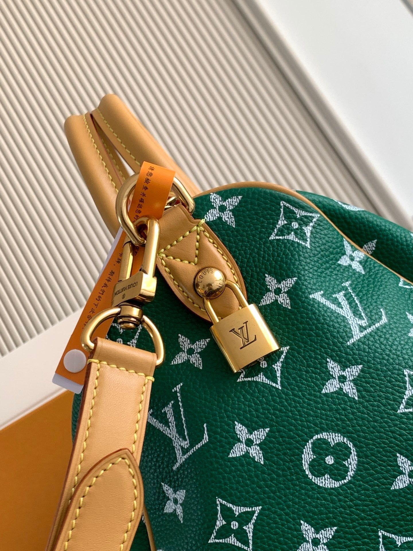 Louis Vuitton green monogram handbag closeup with tan D-ring and gold hardware