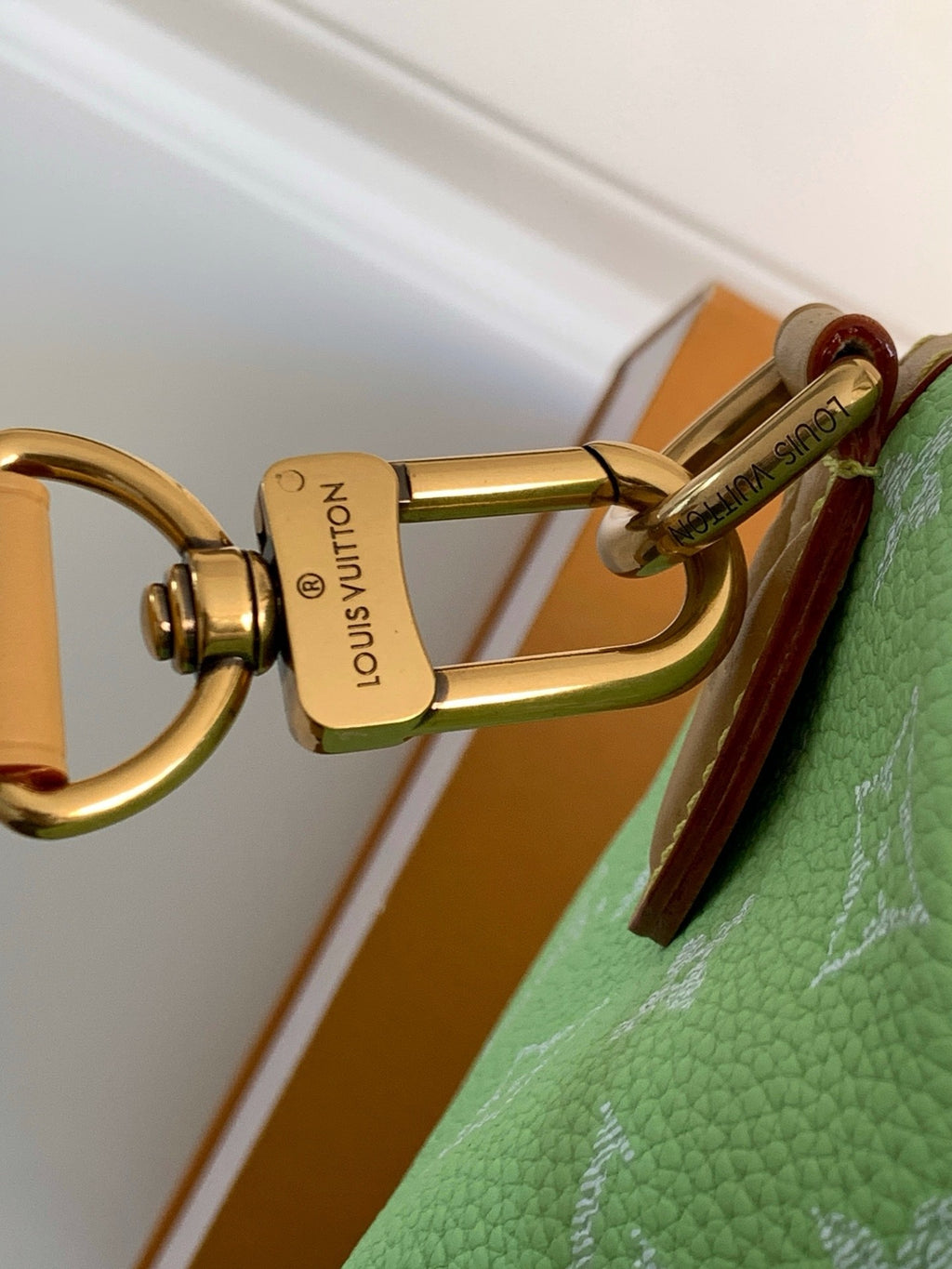 Louis Vuitton mini handbag, green monogram print with gold-tone lock hardware close-up