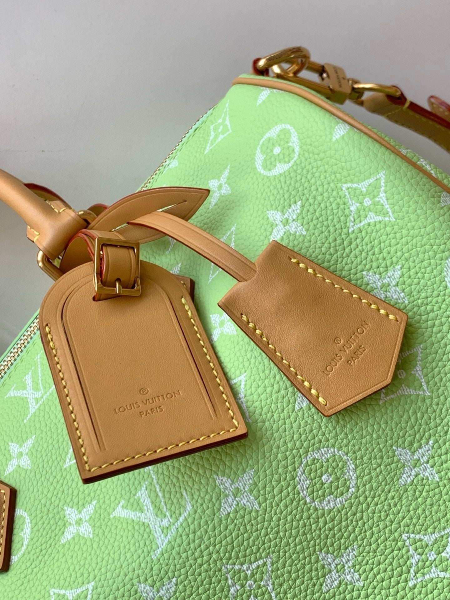 Louis Vuitton mini handbag, green monogram print with tan front pocket and luggage tag