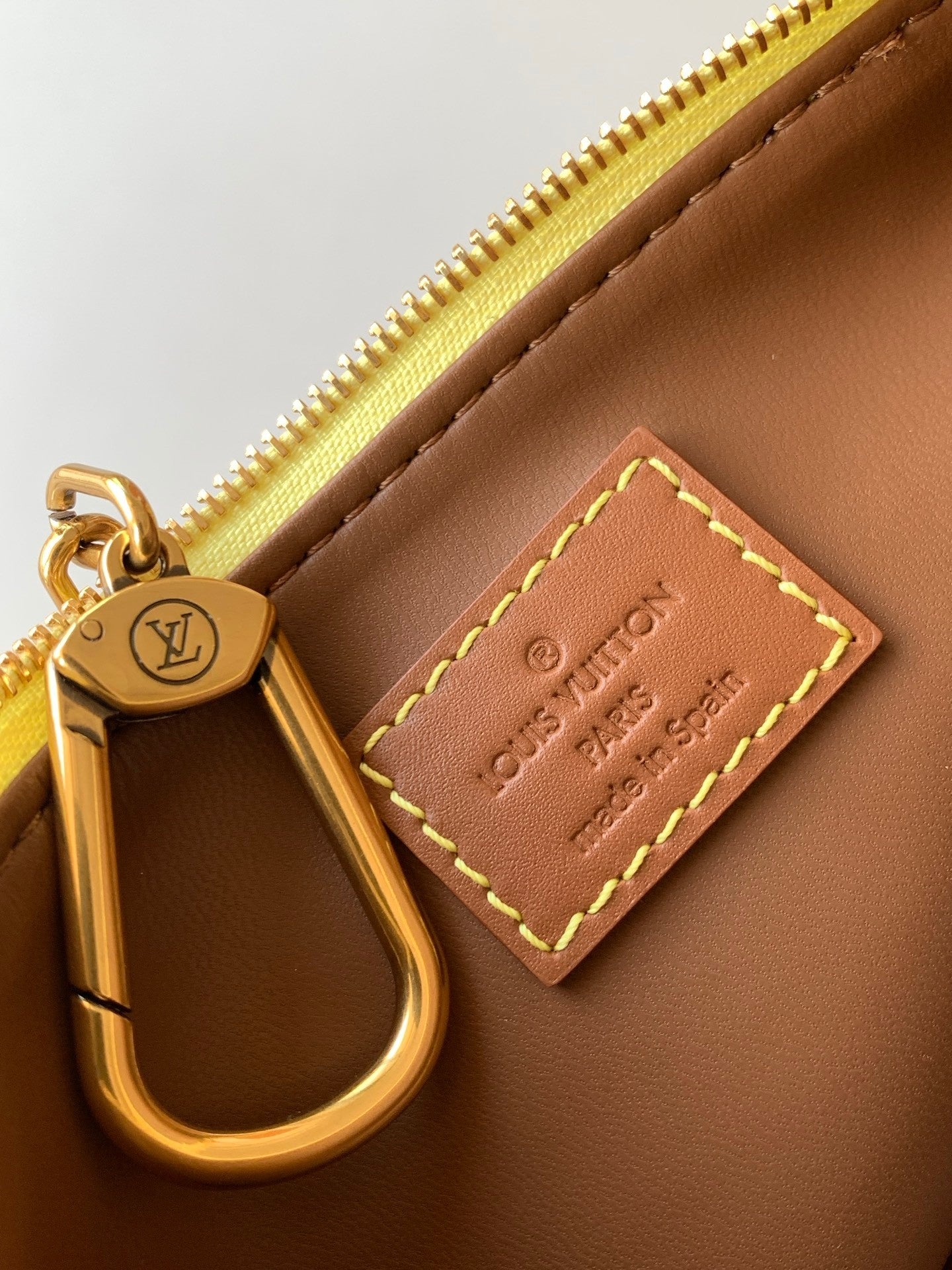 Louis Vuitton bag interior pocket with gold zipper pull and brown leather card holder
