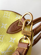 Louis Vuitton bag gold clasp on brown leather strap over yellow monogram