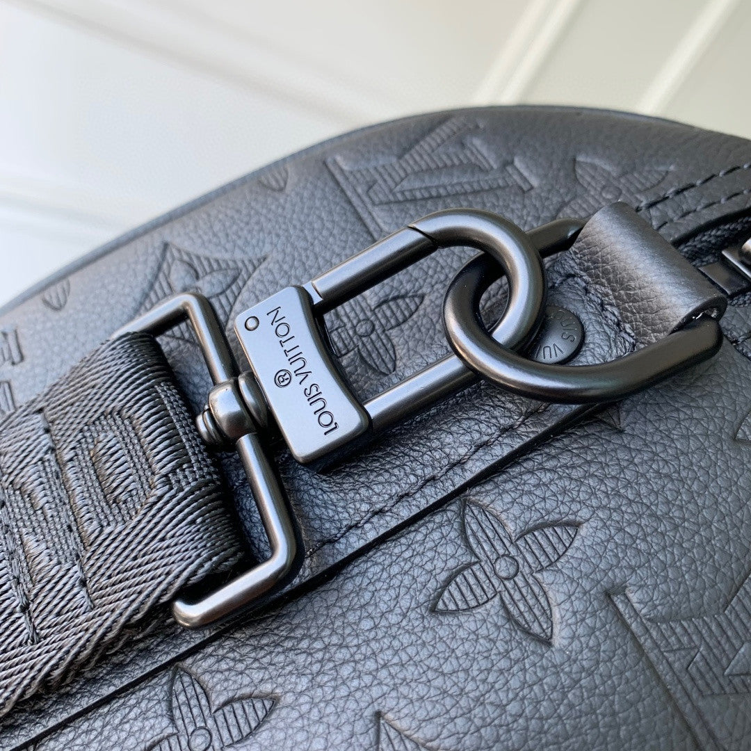 Louis Vuitton bag strap buckle with dark blue monogram embossed leather
