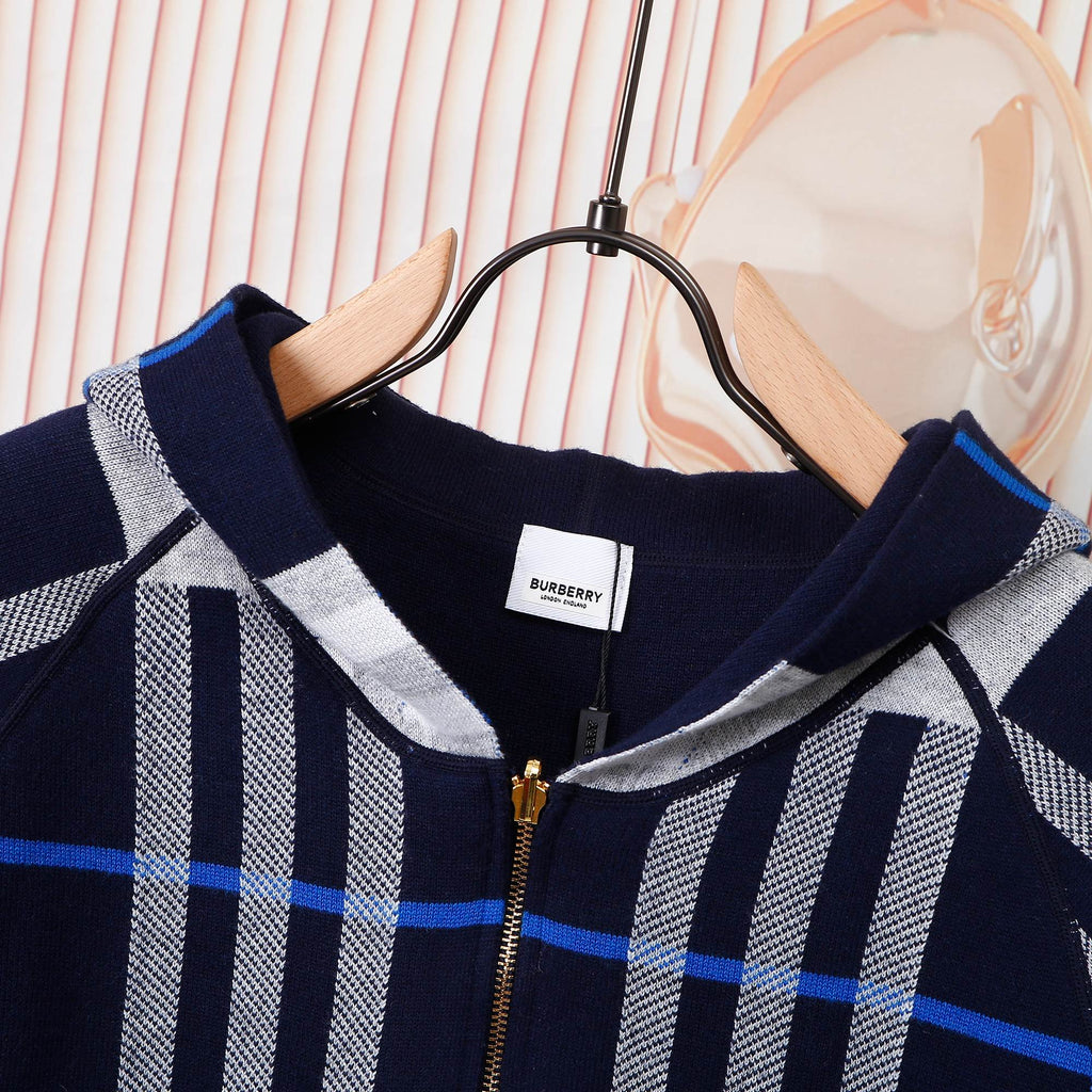 Children's plaid zip hoodie collar in navy with white and blue stripes