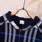 Children's plaid zip hoodie collar in navy with white and blue stripes