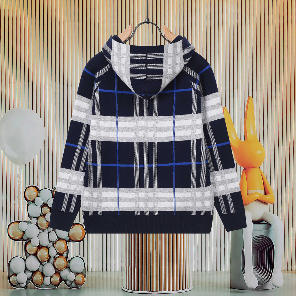 Children's navy plaid zip-up hoodie with white and blue check blocks and hood