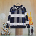 Children's navy hooded jacket with white and blue plaid stripes and front zipper