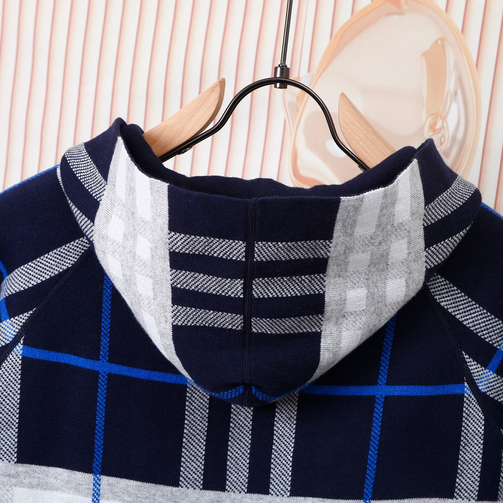 Children's navy plaid hoodie hood with white and blue check pattern