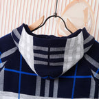 Children's navy plaid hoodie hood with white and blue check pattern