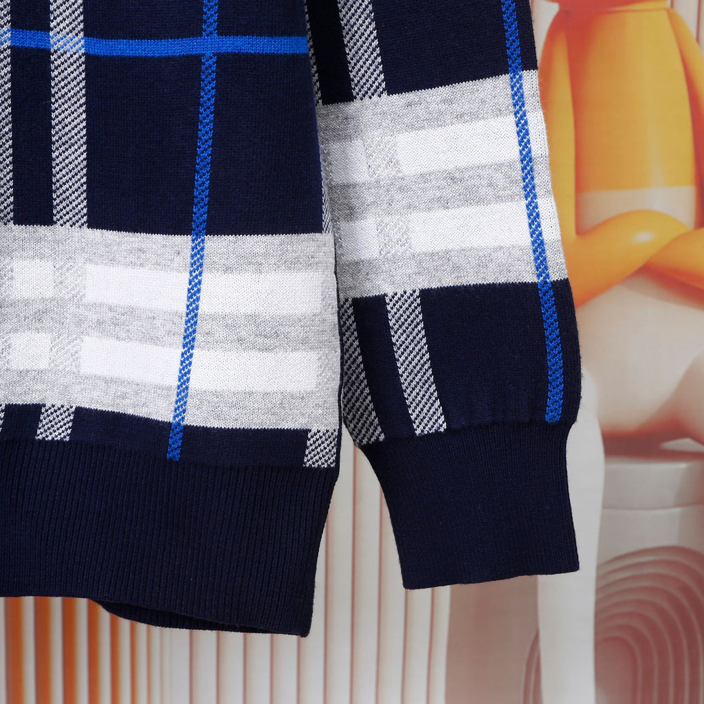 Children's navy and white plaid hoodie lower body with ribbed cuffs and hem