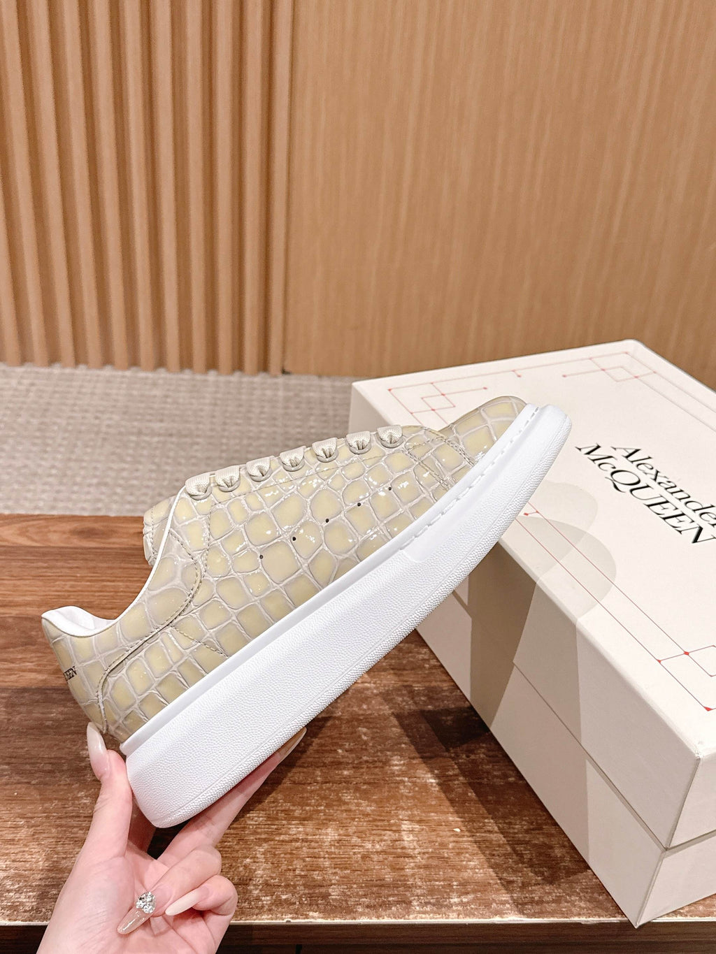 Alligator-embossed leather sneaker, cream with white rubber sole and laces