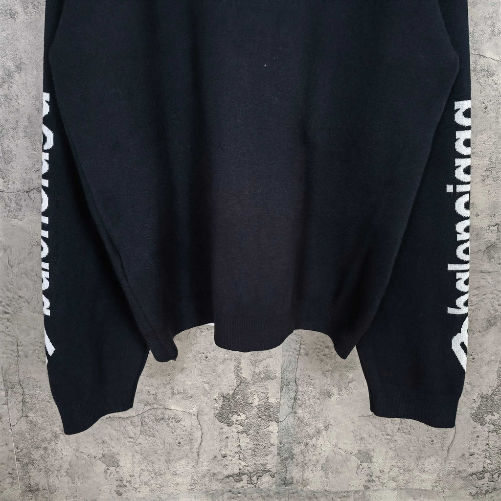 Balenciaga long-sleeve sweatshirt, dark navy with white logo on sleeve