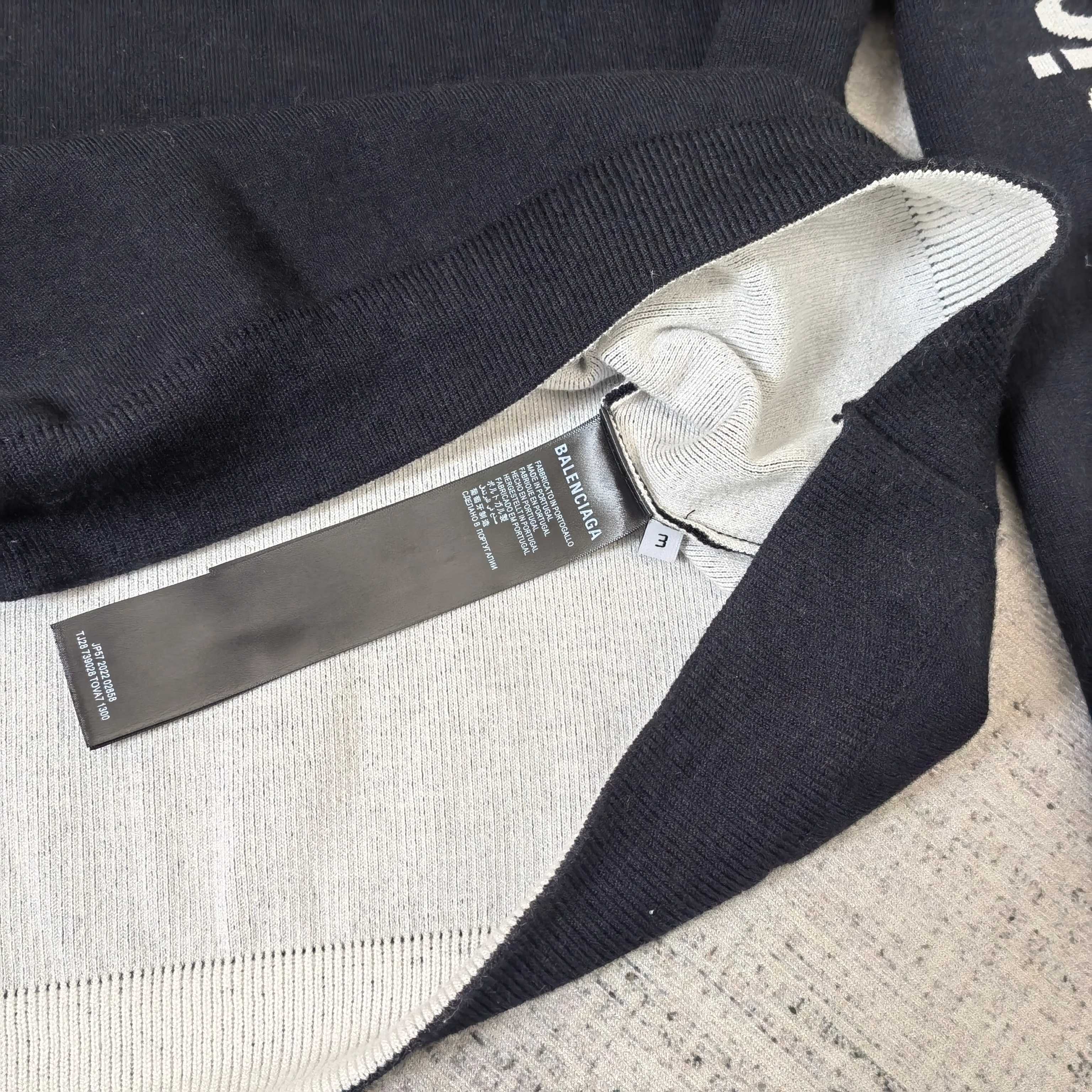 Balenciaga long-sleeve sweatshirt, dark navy with neck ribbing and brand tag