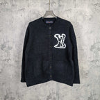 Louis Vuitton dark knit cardigan with button front and V-neck, white LV logo