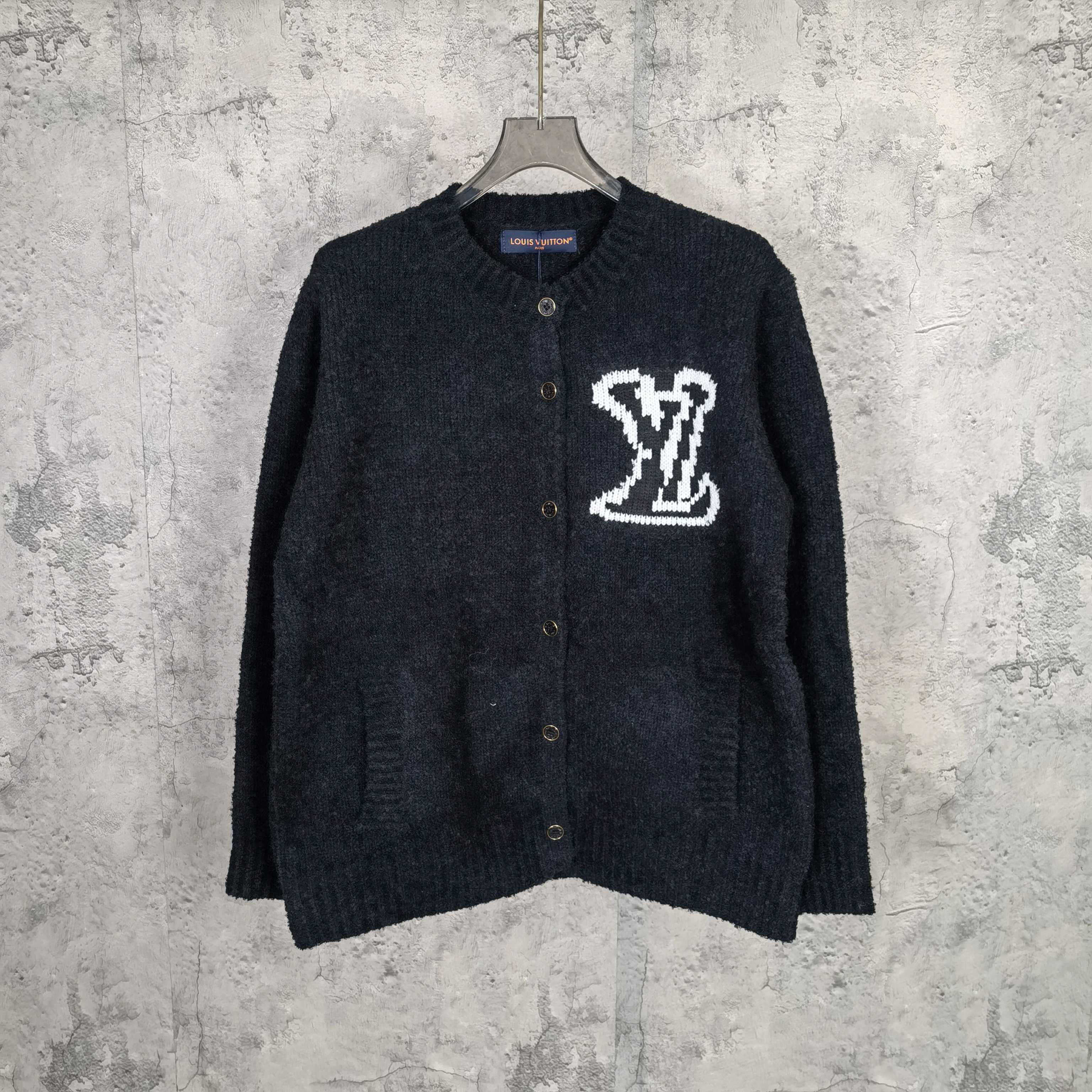 Louis Vuitton dark knit cardigan with button front and V-neck, white LV logo
