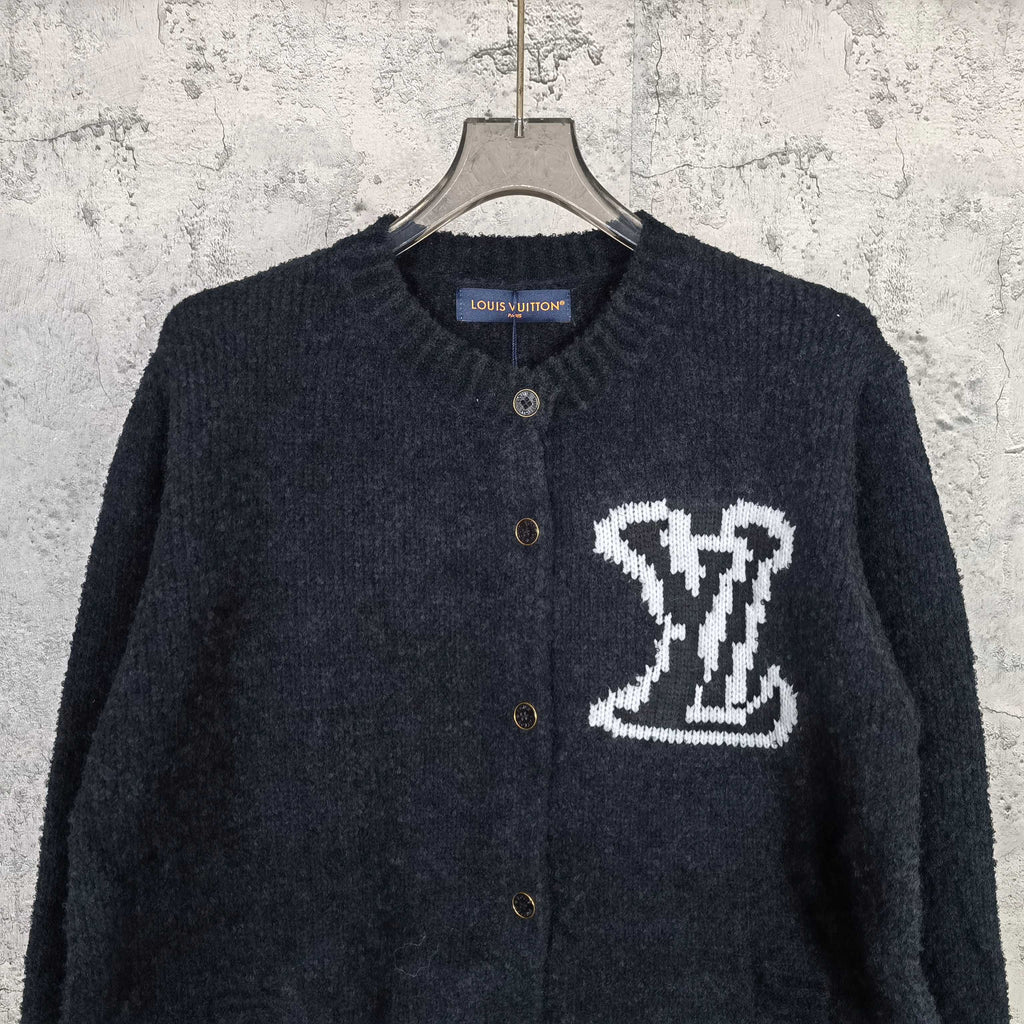 Louis Vuitton dark knit cardigan with button front and white LV monogram