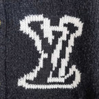 Louis Vuitton white LV monogram knit pattern on dark cardigan