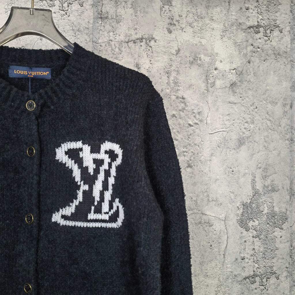 Louis Vuitton dark knit cardigan with white LV monogram on chest