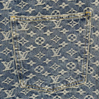Louis Vuitton monogram denim pants close-up of front pocket with stitched border