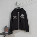 Black zip-up hoodie with pearl-studded front graphic and drawstring hood