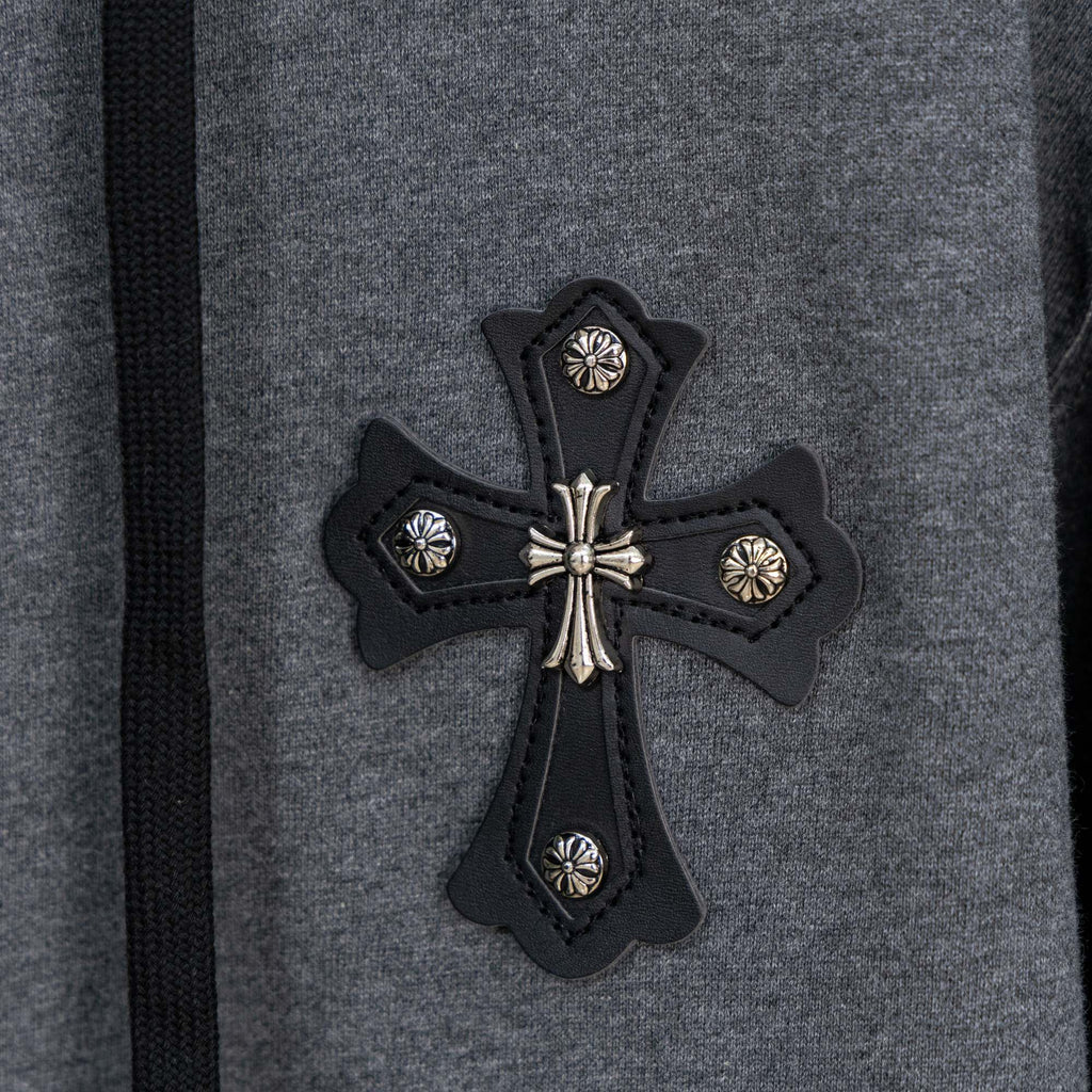 Grey hoodie chest cross appliqué with studded black trim