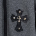 Grey hoodie chest cross appliqué with studded black trim