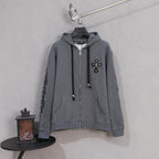 Grey zip-up hoodie with hood and black drawstrings