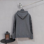 Grey zip-up hoodie back view with hood and sleeve scroll print