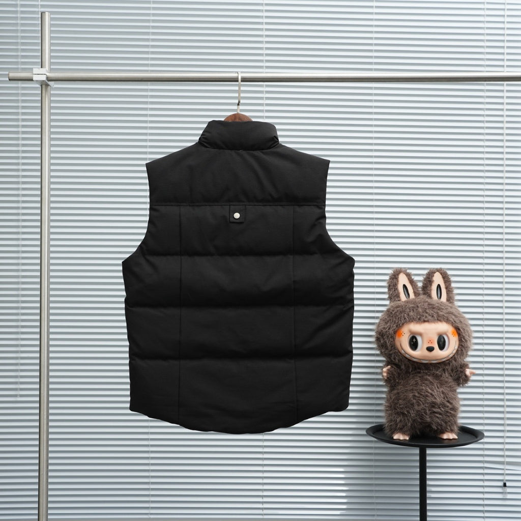 Black sleeveless quilted puffer vest with back stand collar