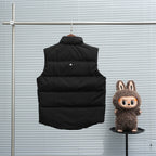 Black sleeveless quilted puffer vest with back stand collar