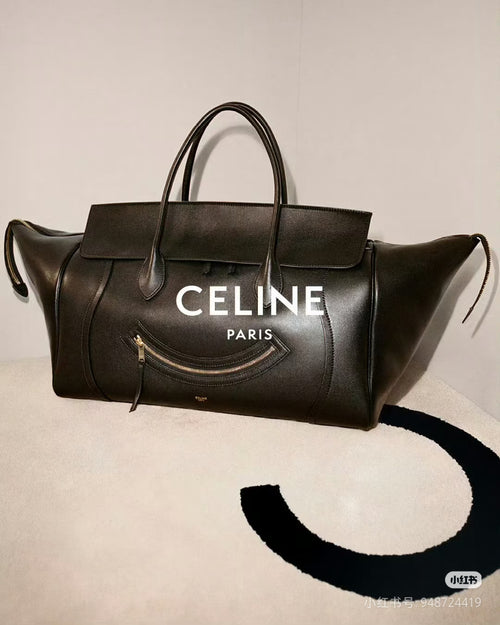 Celine leather tote bag, dark green, top handles and curved front zip pocket