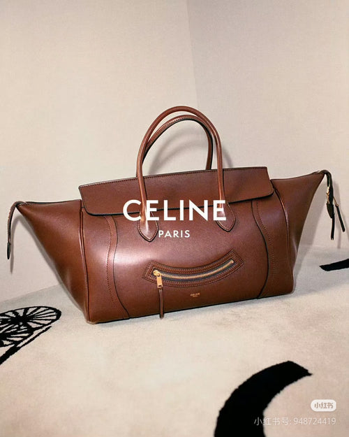 Celine leather tote bag, brown, top handles and front zip pocket