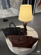 Celine leather tote bag set, black and brown, top handles and front zip pocket