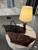 Celine leather tote bag set, black and brown, front zip pocket and top handles