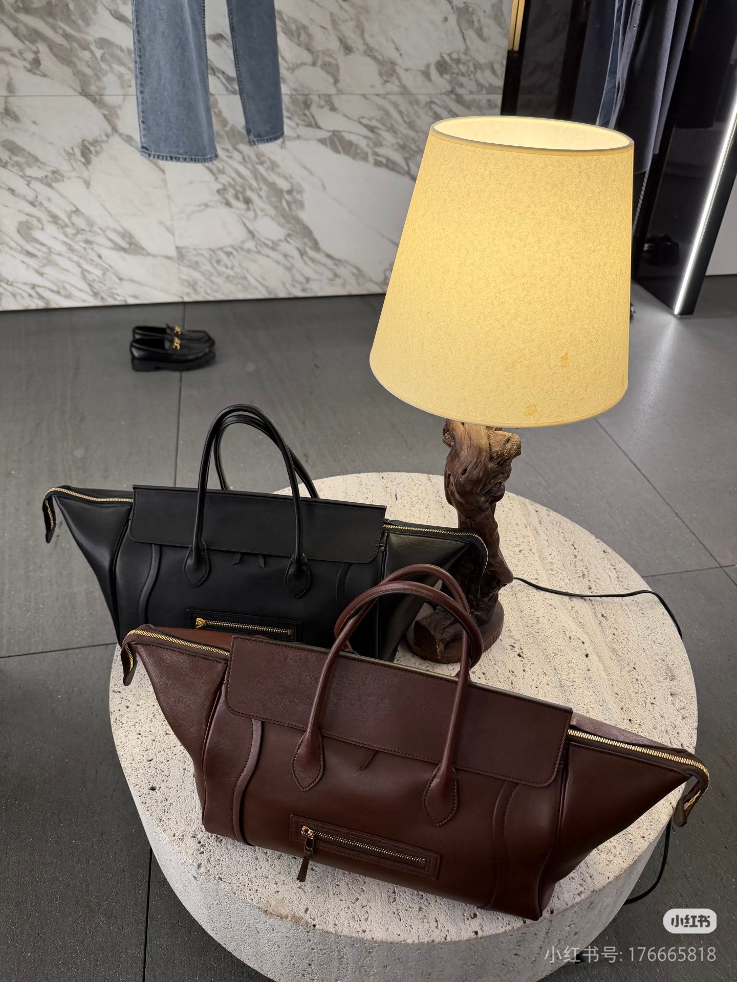 Celine leather tote bag set, black and brown, front zip pocket and top handles