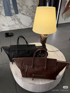 Celine leather tote bag set, black and brown, front zip pockets and top handles
