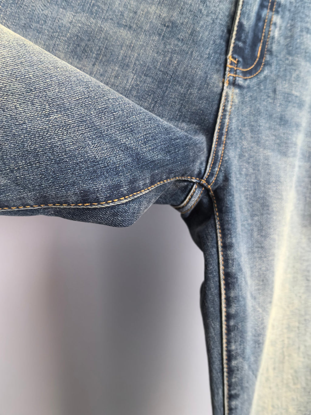 Burberry denim pants side seam and cuff, dark blue wash with contrast stitching