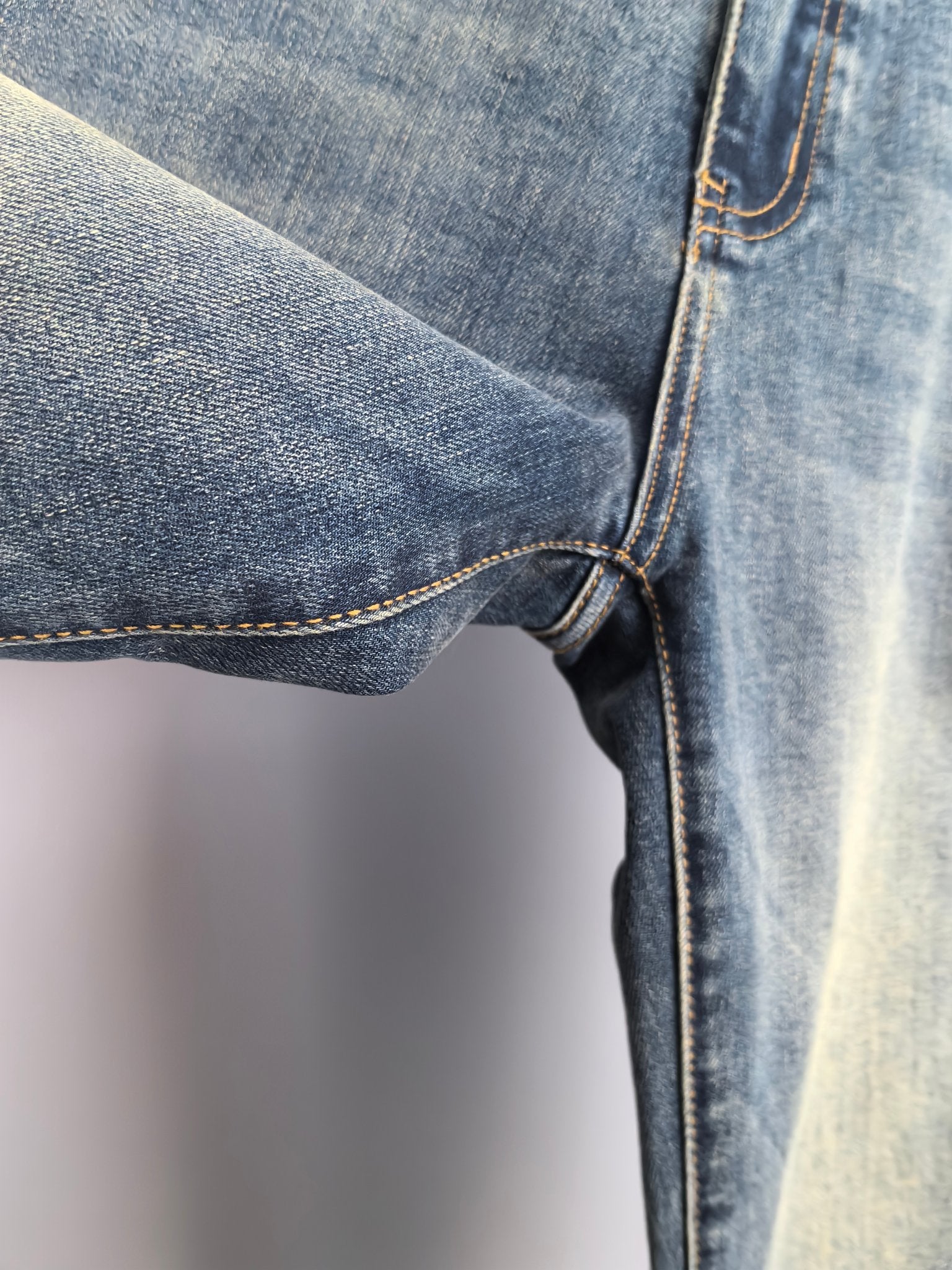 Burberry denim pants side seam and cuff, dark blue wash with contrast stitching