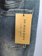 Burberry denim pants leather brand patch with engraved logo tag, dark blue