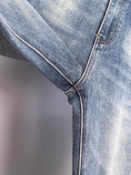 Blue denim pants with side seam and curved inner yoke detail