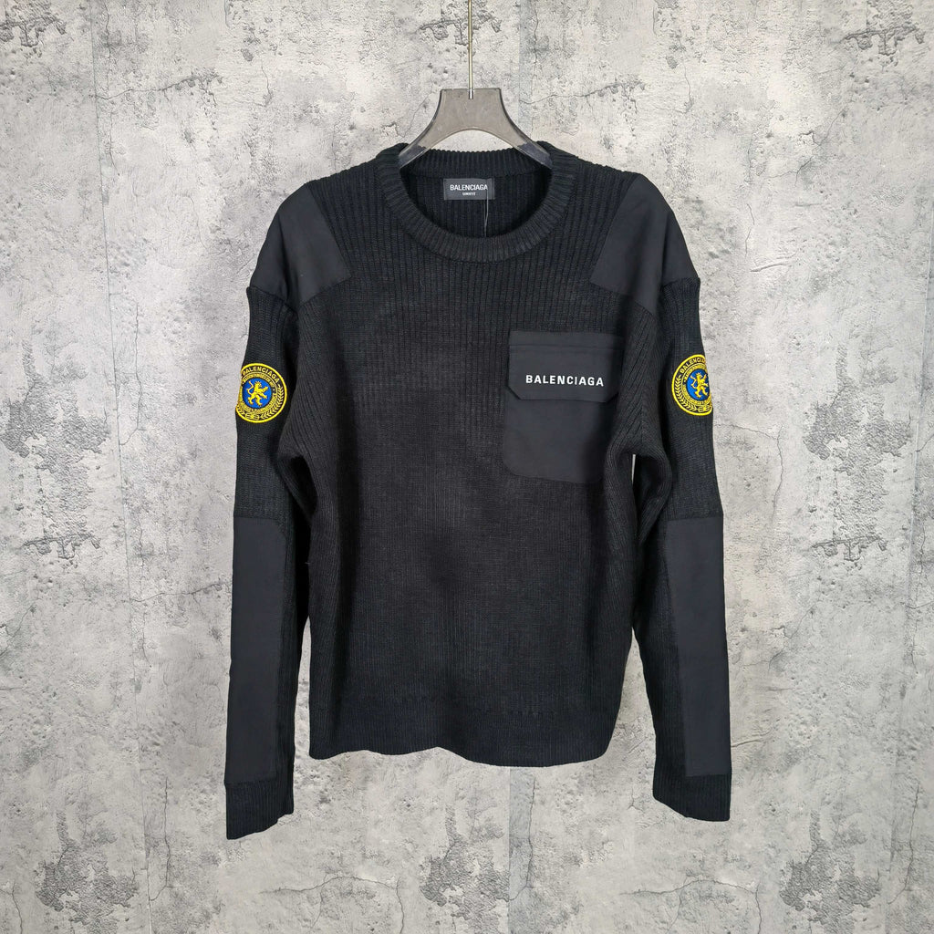 Balenciaga long-sleeve knit sweater with chest pocket and yellow crest patches on sleeves