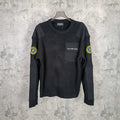 Balenciaga long-sleeve knit sweater with chest pocket and yellow crest patches on sleeves