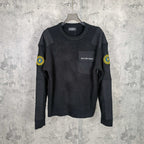 Balenciaga long-sleeve knit sweater with chest pocket and yellow crest patches on sleeves