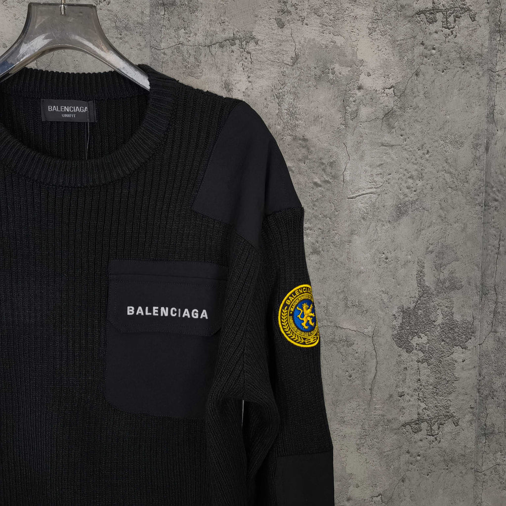 Balenciaga long-sleeve knit sweater with front logo patch, crew neck, black