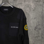 Balenciaga long-sleeve knit sweater with front logo patch, crew neck, black