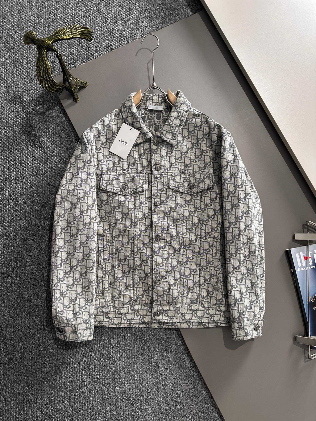 Long-sleeve jacket with allover logo print, button front and point collar