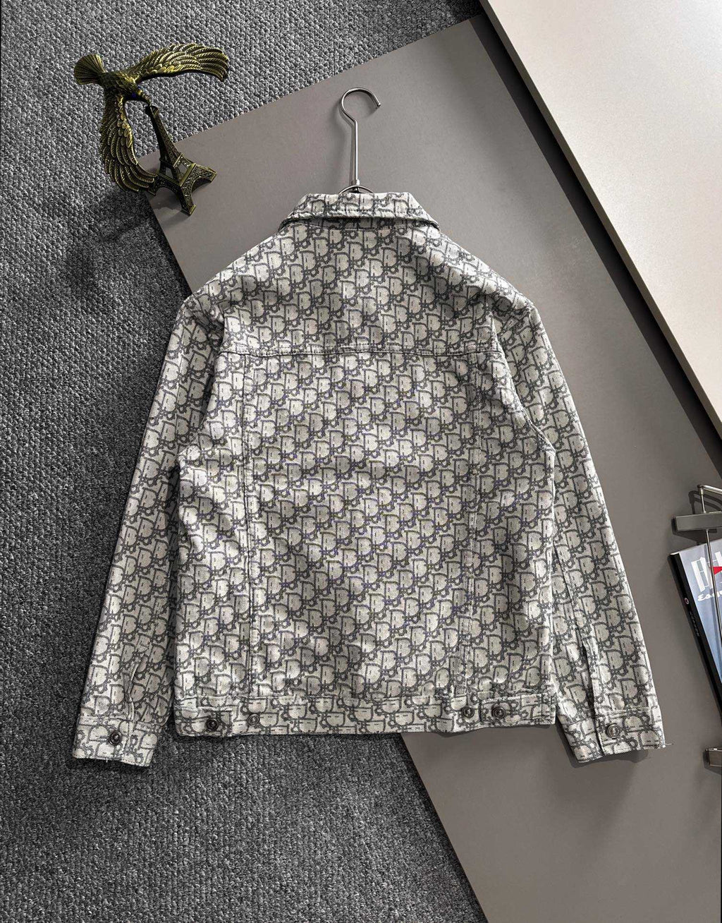 Back view of long-sleeve jacket with allover logo print and button closure