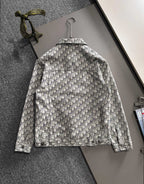Back view of long-sleeve jacket with allover logo print and button closure