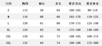 Size chart with S–3XL showing chest, sleeve length, and height range measurements
