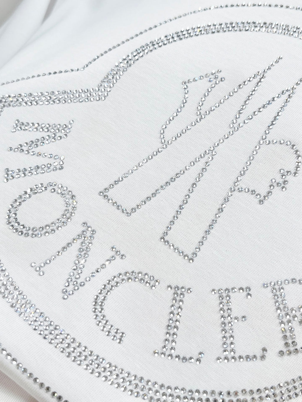 White T-shirt logo detail with rhinestone Moncler heart and lettering